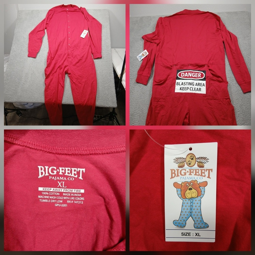 Big Feet Pajama Co Union Suit Men's XL Red Button‎ Front Flap "Danger" NWT